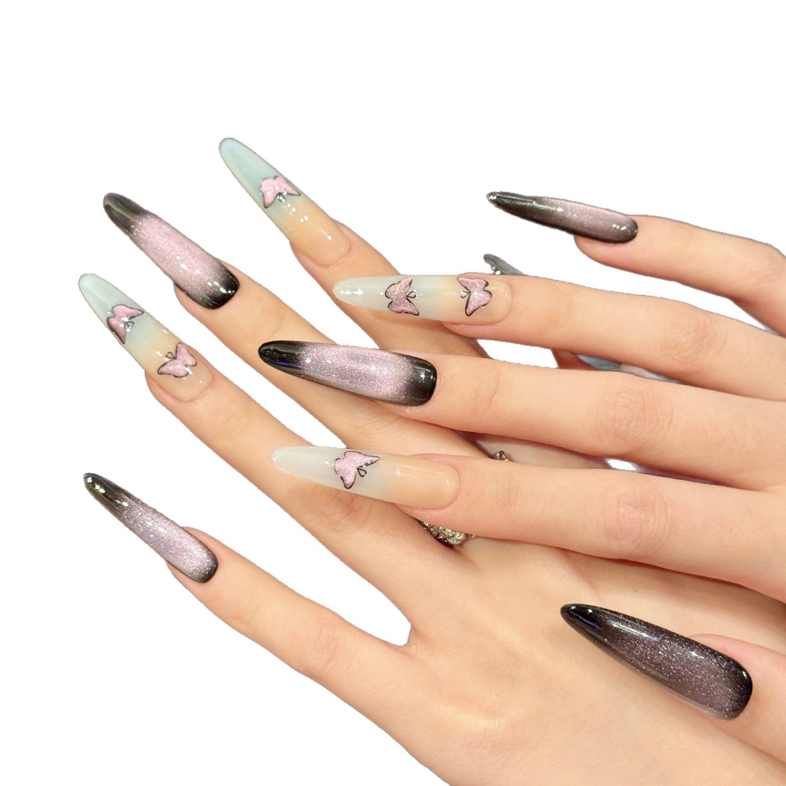 365nails: "Mystic Butterfly" – Hand-Painted Cat Eye & Butterfly Handmade Long Stiletto Nails
