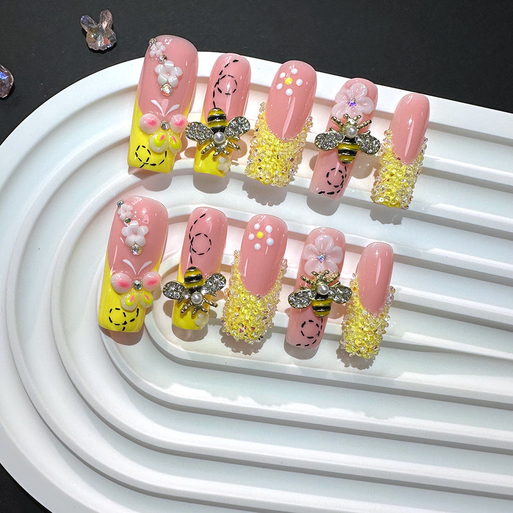 Honey Bee Floral Sweet Crystal Press On Nails