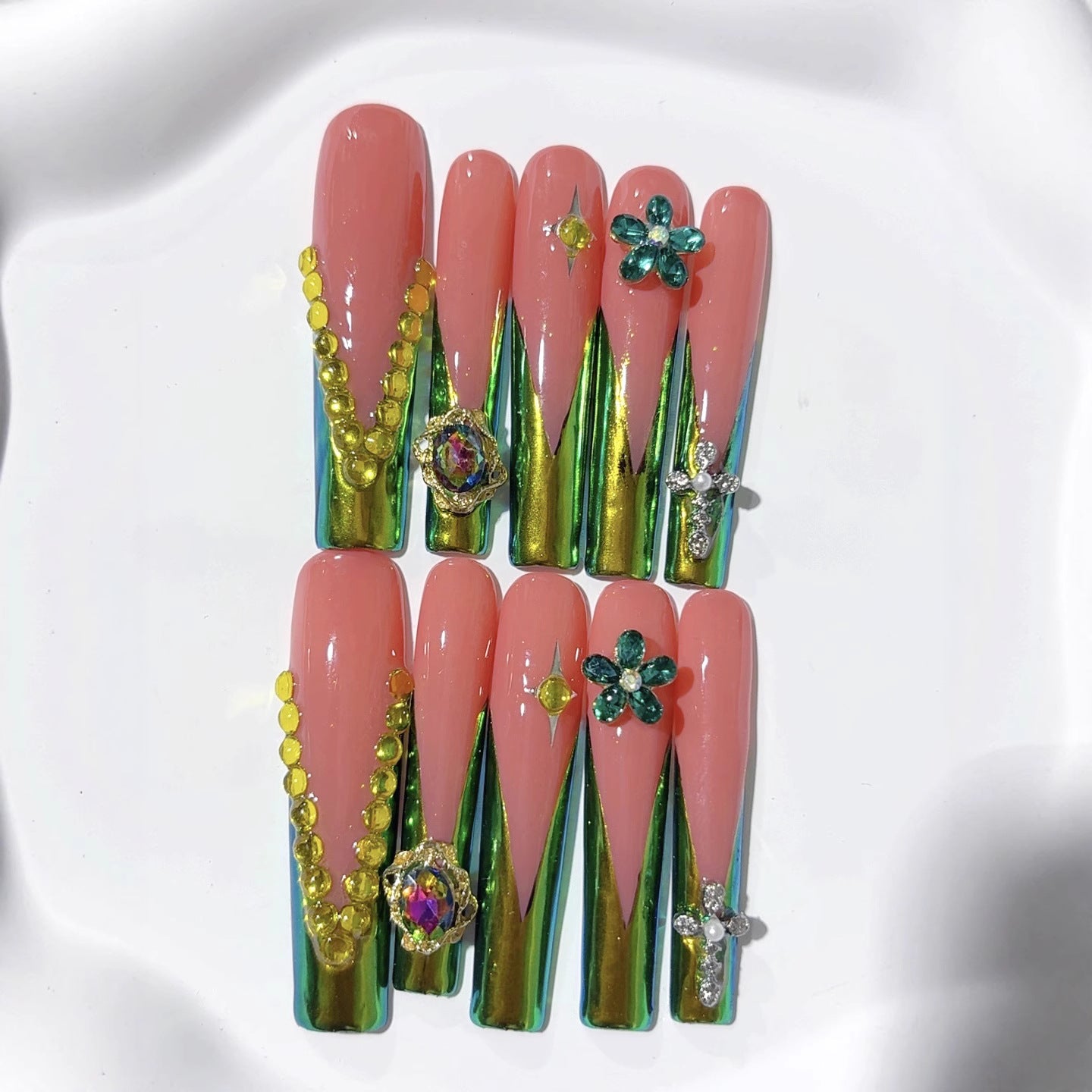 復古翡翠鏡面花卉超長款穿戴甲