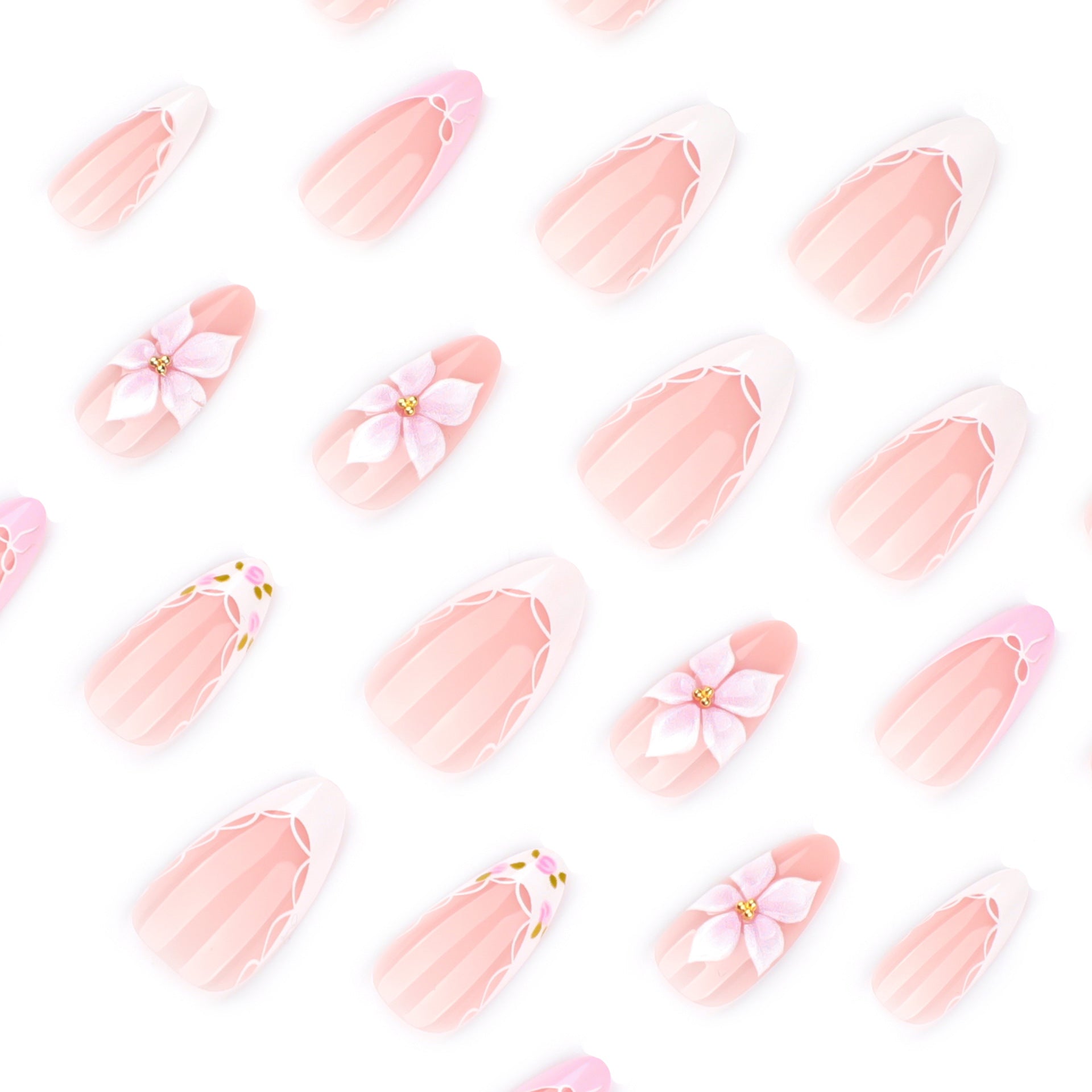 365nails: "Pink Floral Lace French Oval" – Delicate Press-on Nails