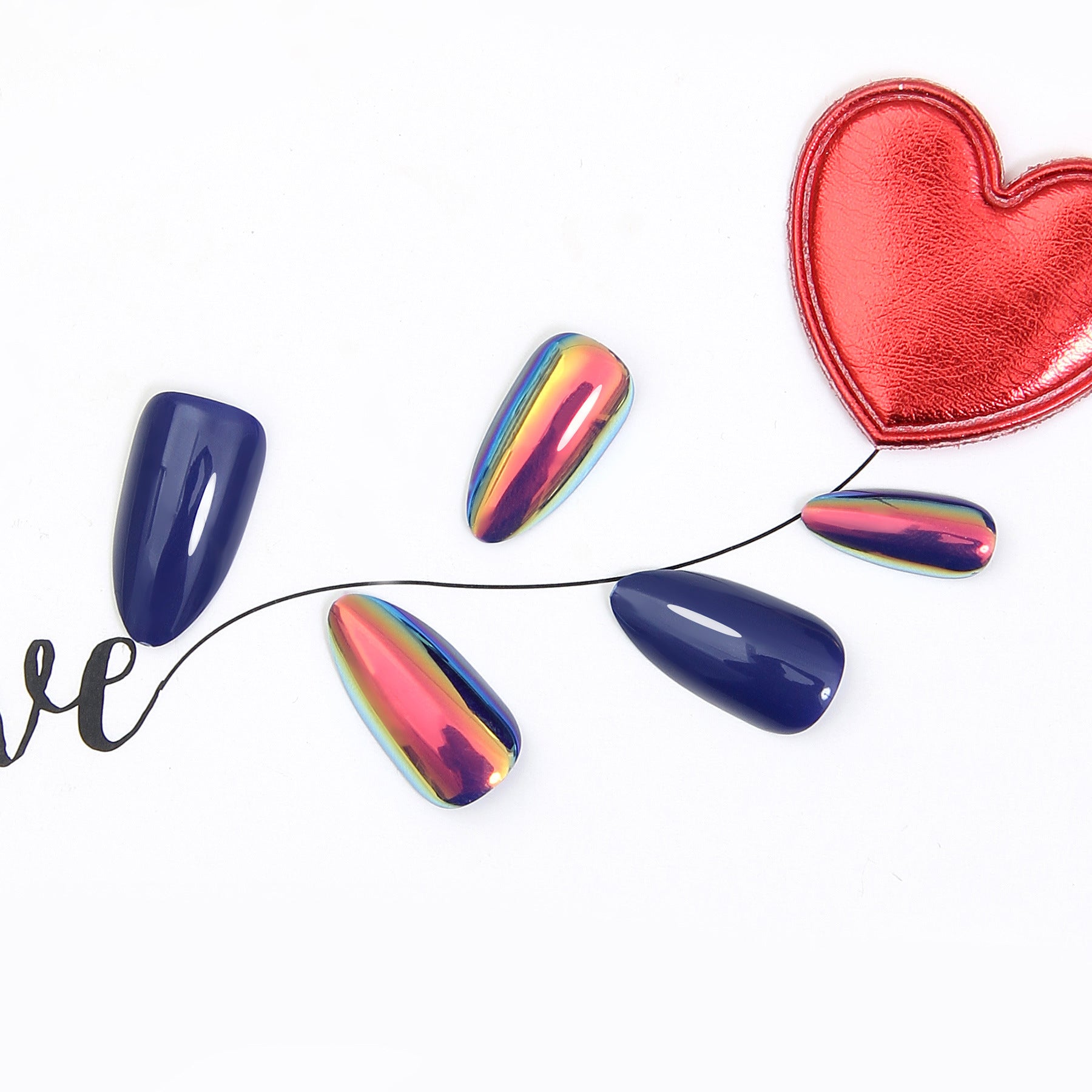 Navy Blue & Iridescent Chrome Short Almond Nail Set