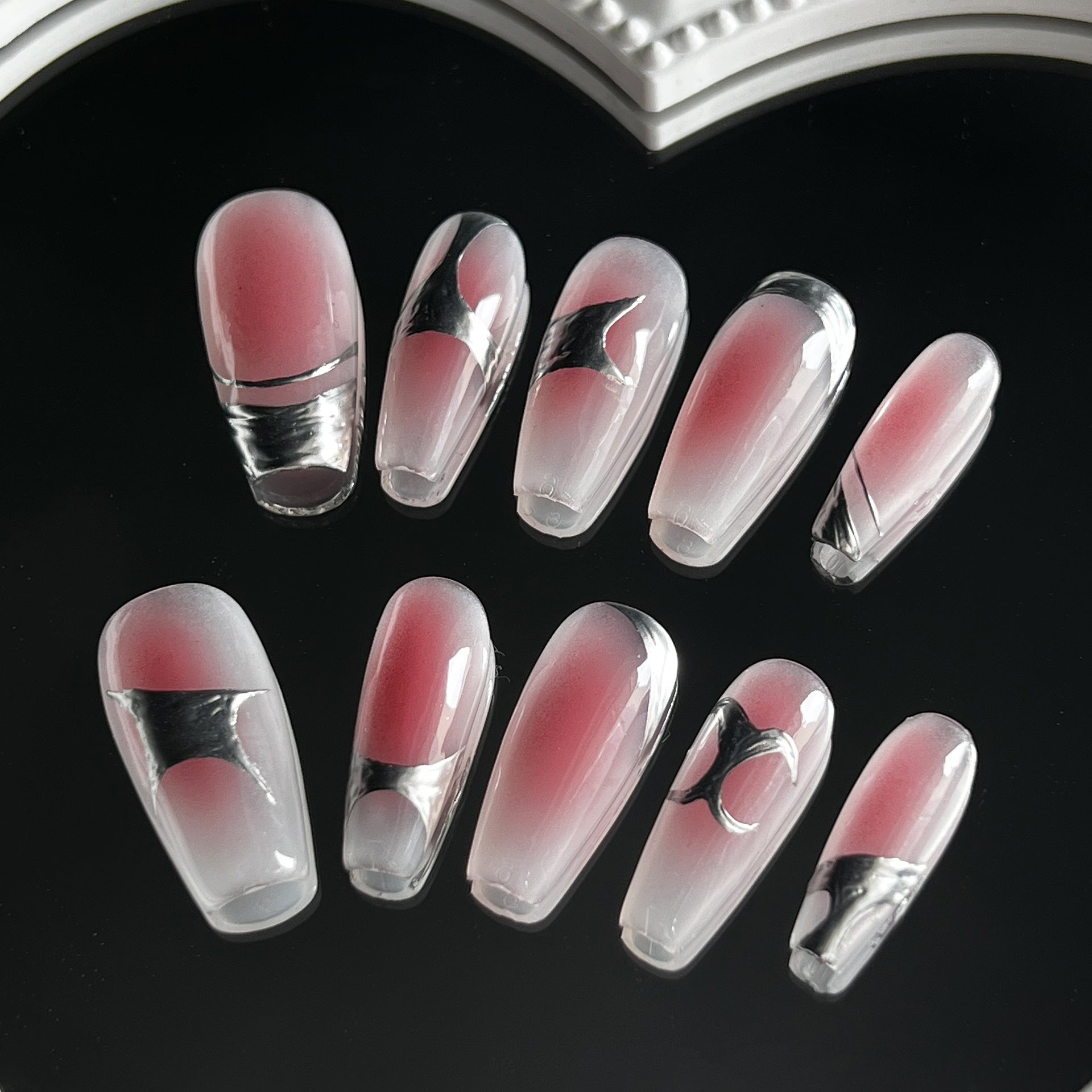 Unhas postiças artesanais blush metal médio e longo branco unhas de celebridades da internet finalizadas unhas postiças remendo de unha postiça｜365nails