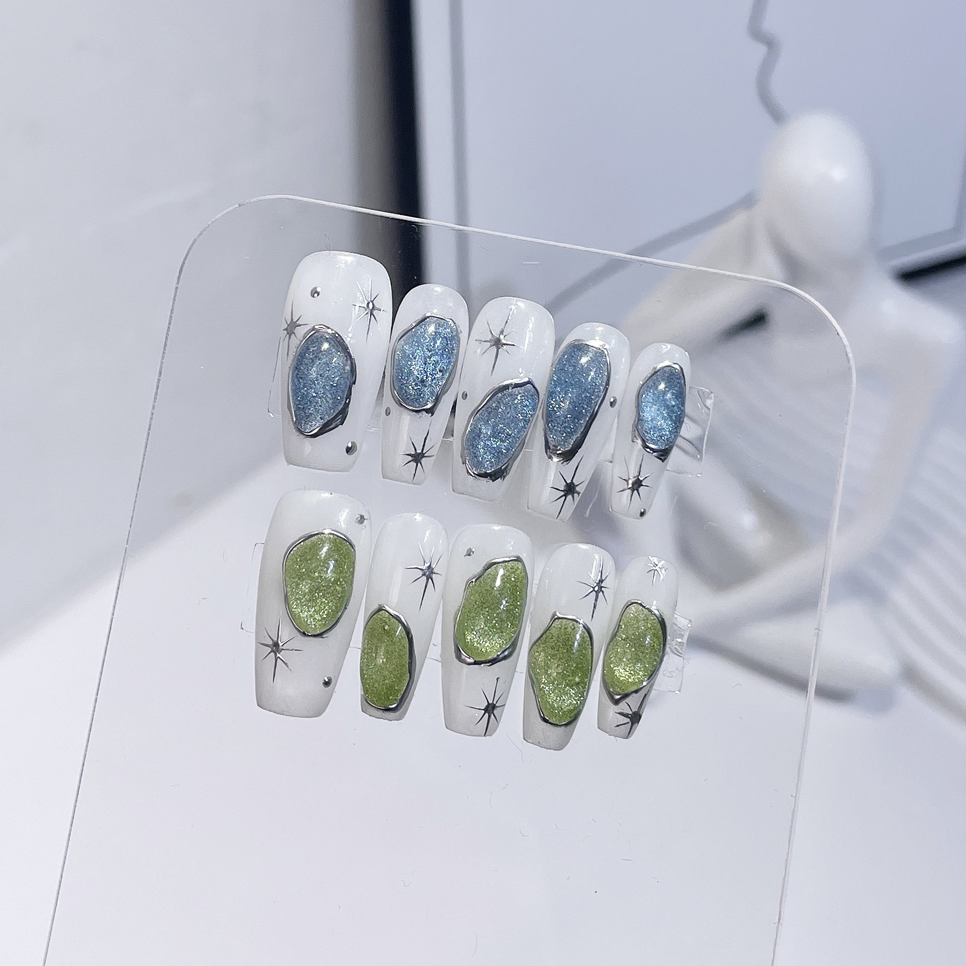 Unhas postiças artesanais leves e luxuosas de alta qualidade, olho de gato, flash, cor contrastante, adesivo de pato mandarim ｜ 365nails