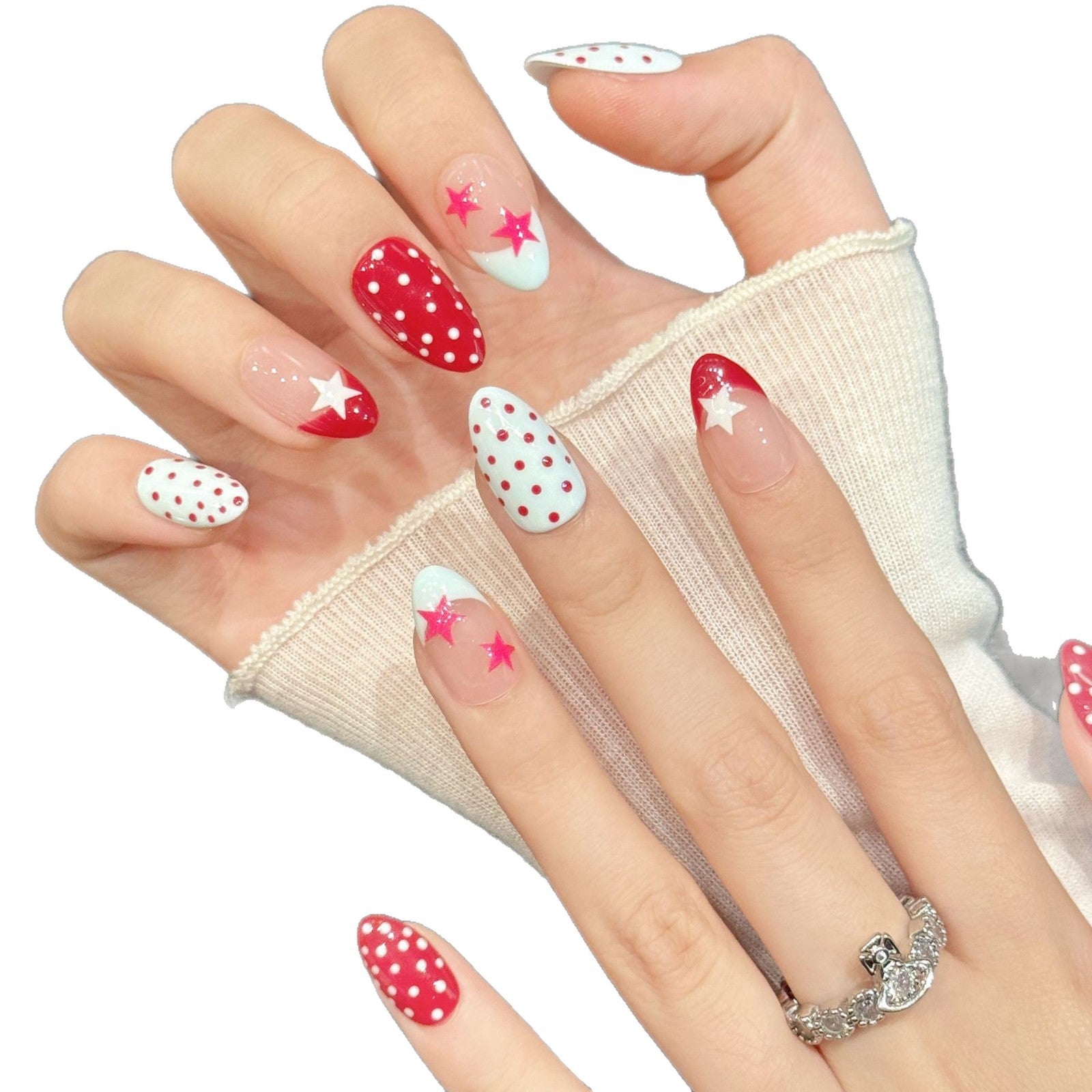365nails: "Star Spangled" – Red White Blue Polka Dot & Star Handmade Almond Nails