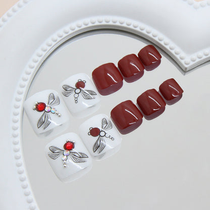 Summer smart burgundy flash diamond dragonfly atmosphere  ins wind Press-on toenails nail finished product removable 24 pieces｜365nails