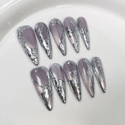 Sleek Liquid Silver Chrome Metallic Mauve Long Press-On Nails