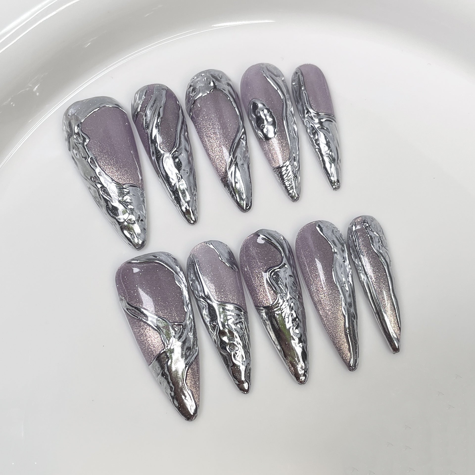 Sleek Liquid Silver Chrome Metallic Mauve Long Press-On Nails