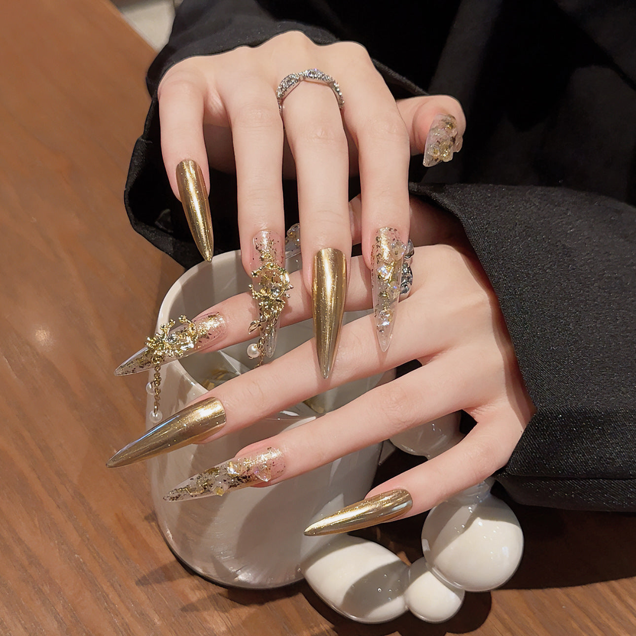 365nails: "Golden Cascade" – 3D Rhinestone & Chrome Handmade Stiletto Nails