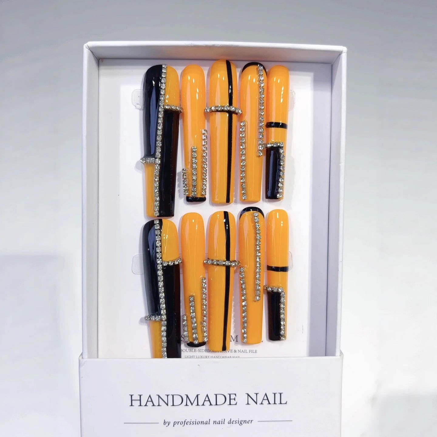 Orange Black Crystal Chain Modern Press On Nails