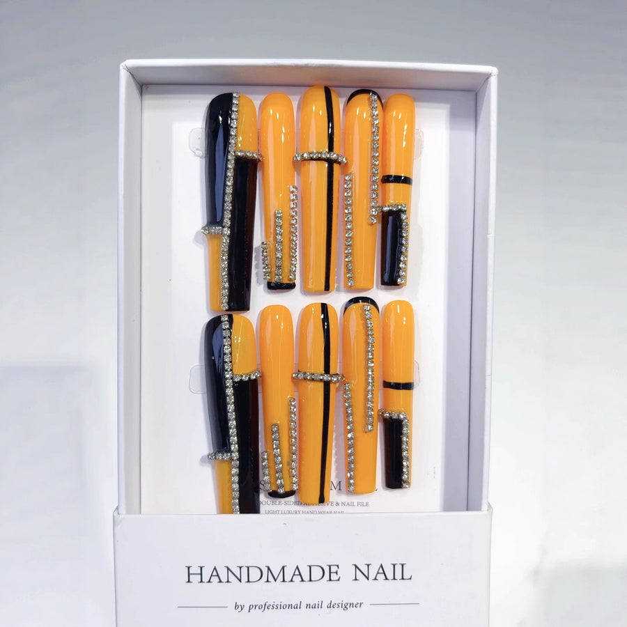 Orange Black Crystal Chain Modern Press On Nails