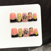 365nails: "Sacred Gold" – 3D Cross & Baroque Handmade Press on Nails Short Square Nails