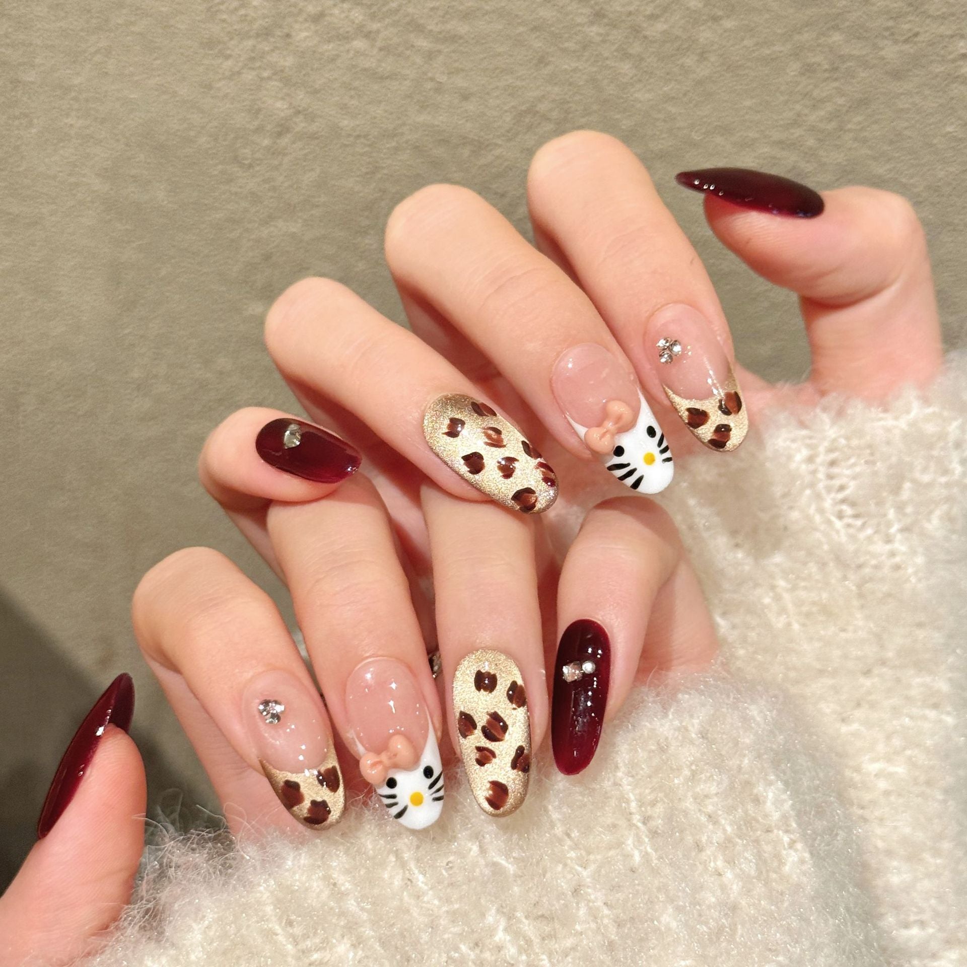 Cute Kitty Bow Leopard Burgundy Nude Art Nails Set