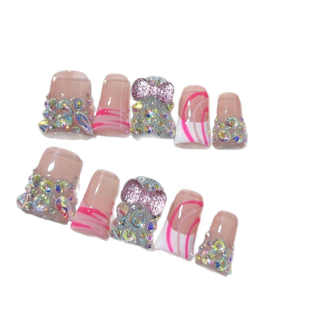 Disco Glow: "Pink Iridescent Crystal" – Square Shape Handmade Press-On Nails