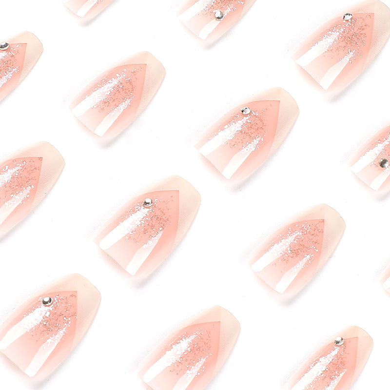 Unhas brancas com cruz francesa, glitter prateado e strass, adesivo para unhas vestível, produto final para arte em unhas vestível｜365nails