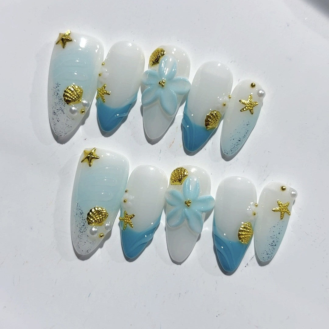 365nails: "海洋寶藏灣" – 中長款 杏仁形 藍色漸層 海洋風 手工製 穿戴甲