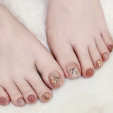 Unhas dos pés postiças removíveis, 24 peças, marrom claro, branco leitoso, com borrões finos e linhas brilhantes