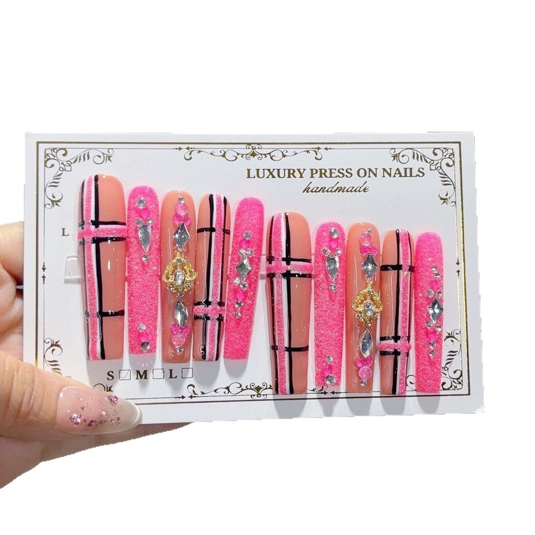 Pink Nude Crystal Stripe Glam Press On Nails