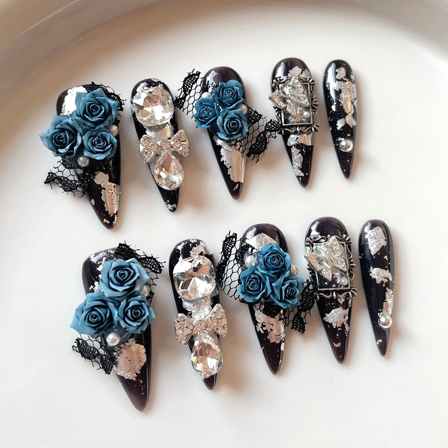 Blue Enchantress Premium Cold Atmosphere Handmade press on nails  Heavy Industry Stacking Diamond Long Nail Art｜365nails