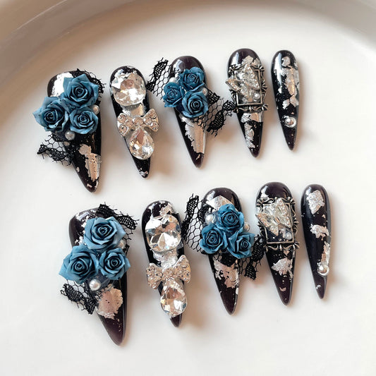 Blue Enchantress Premium Cold Atmosphere Handmade press on nails  Heavy Industry Stacking Diamond Long Nail Art｜365nails