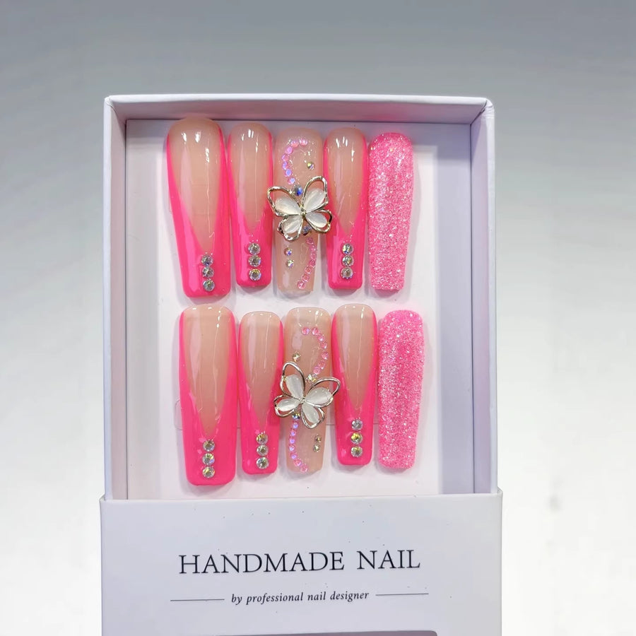 바비 글로우: "버터플라이 블러쉬" – 엑스트라 롱 스퀘어형 프레스온 네일