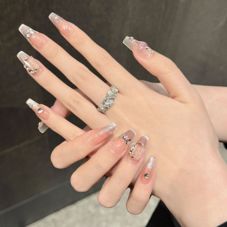 365nails: "Blushing Diamond" – Iridescent Heart & Rhinestone Handmade Medium Coffin Nails