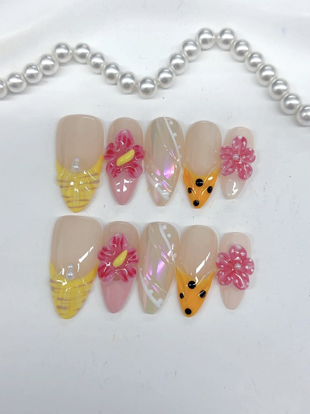 Summer Garden: "Bumblebee Bloom" – Medium Almond Handmade Press On Nails