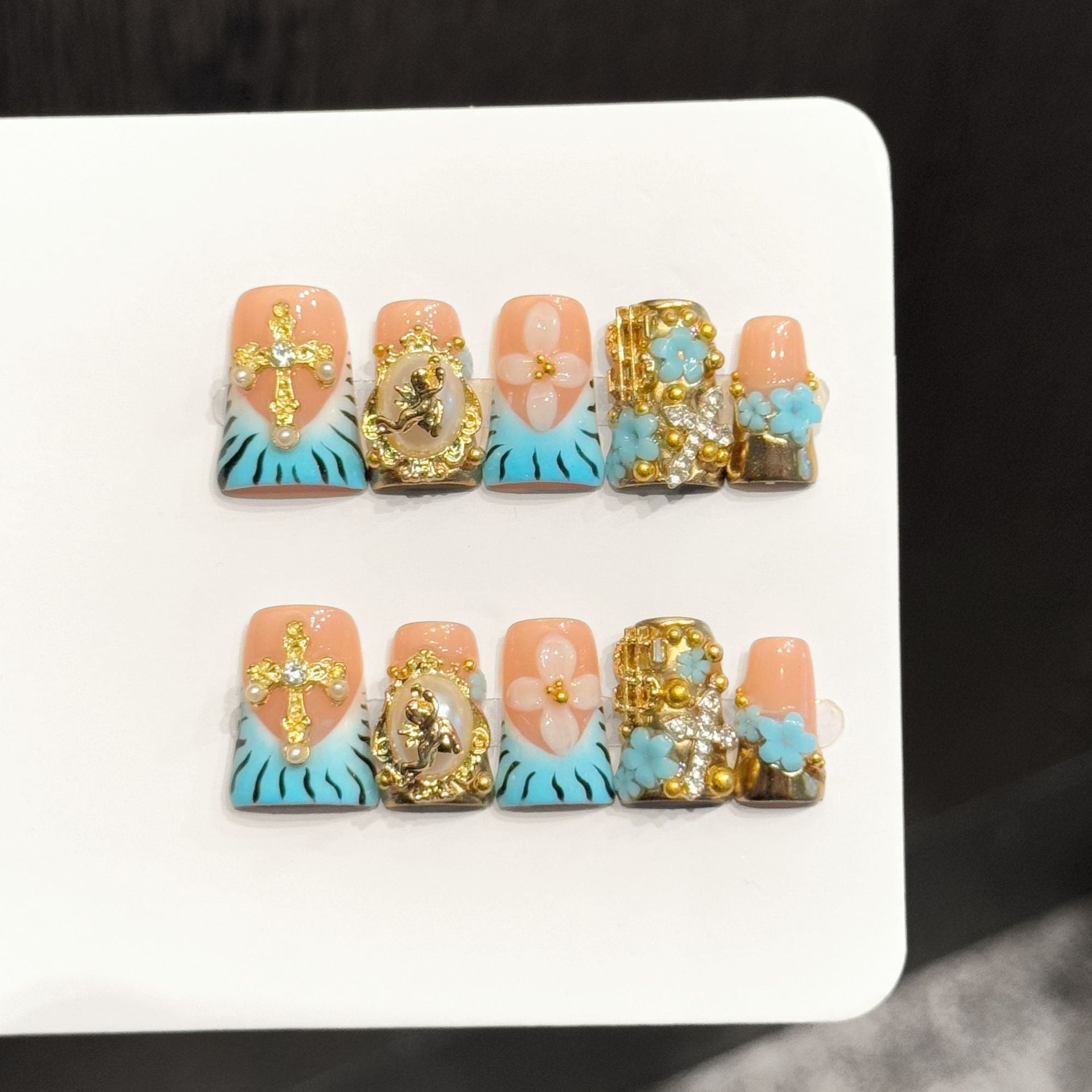 365nails: "Gilded Sanctity" – 3D Cross & Floral Handmade Coffin Nails