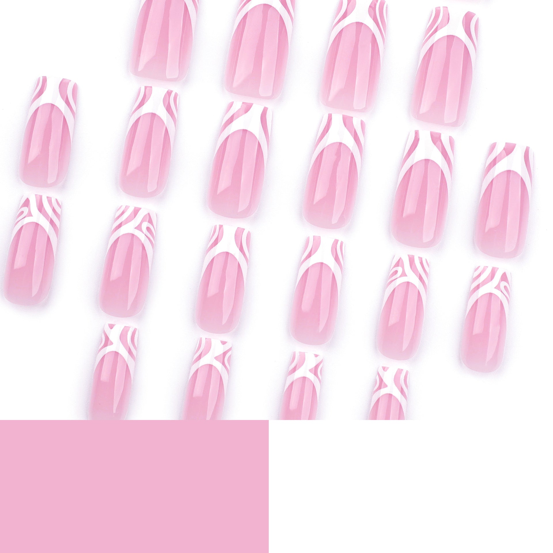 French white abstract striped manicure, fake nails, simple wearing nail pads,  square pink nail patches｜365nails
