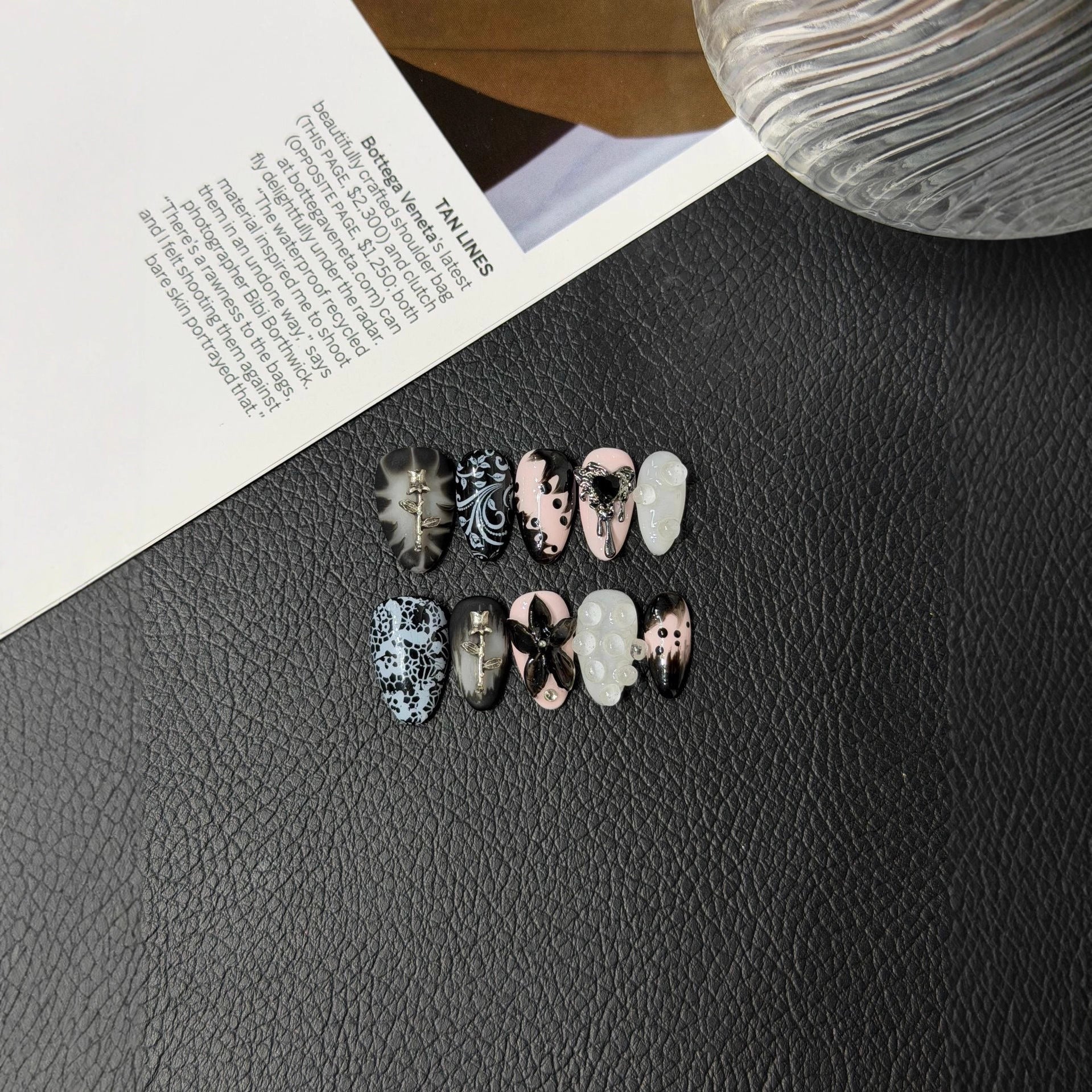 365nails: "Midnight Baroque" – 3D Lace & Cat Eye Handmade Short Almond Nails