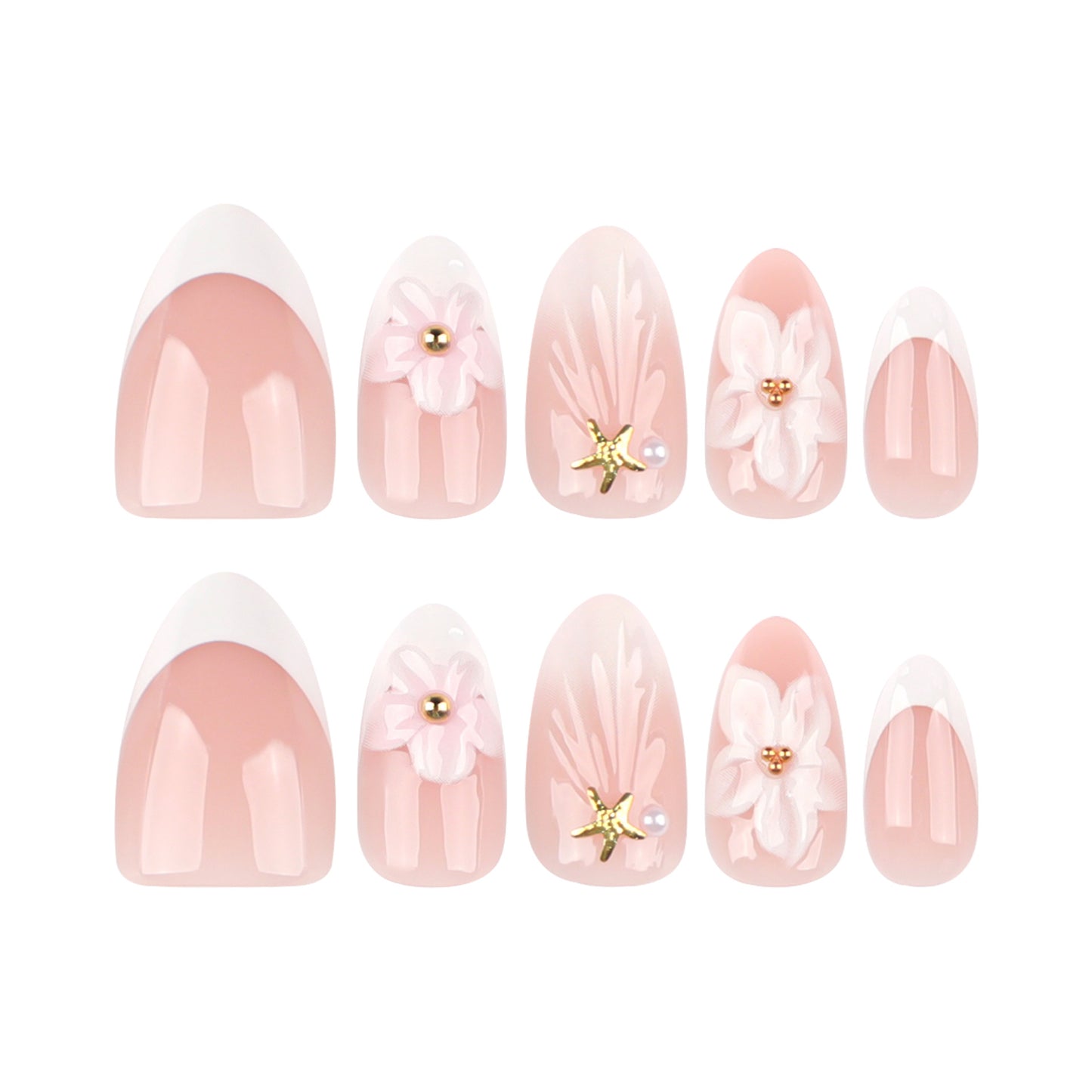Short Almond 3D Stereo Pink Flower press-on nails