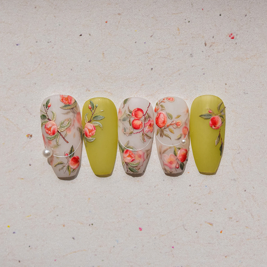 Adesivos de Unha Flor de Pessegueiro e Frutas – Conjunto Botânico Primavera 5D em Relevo