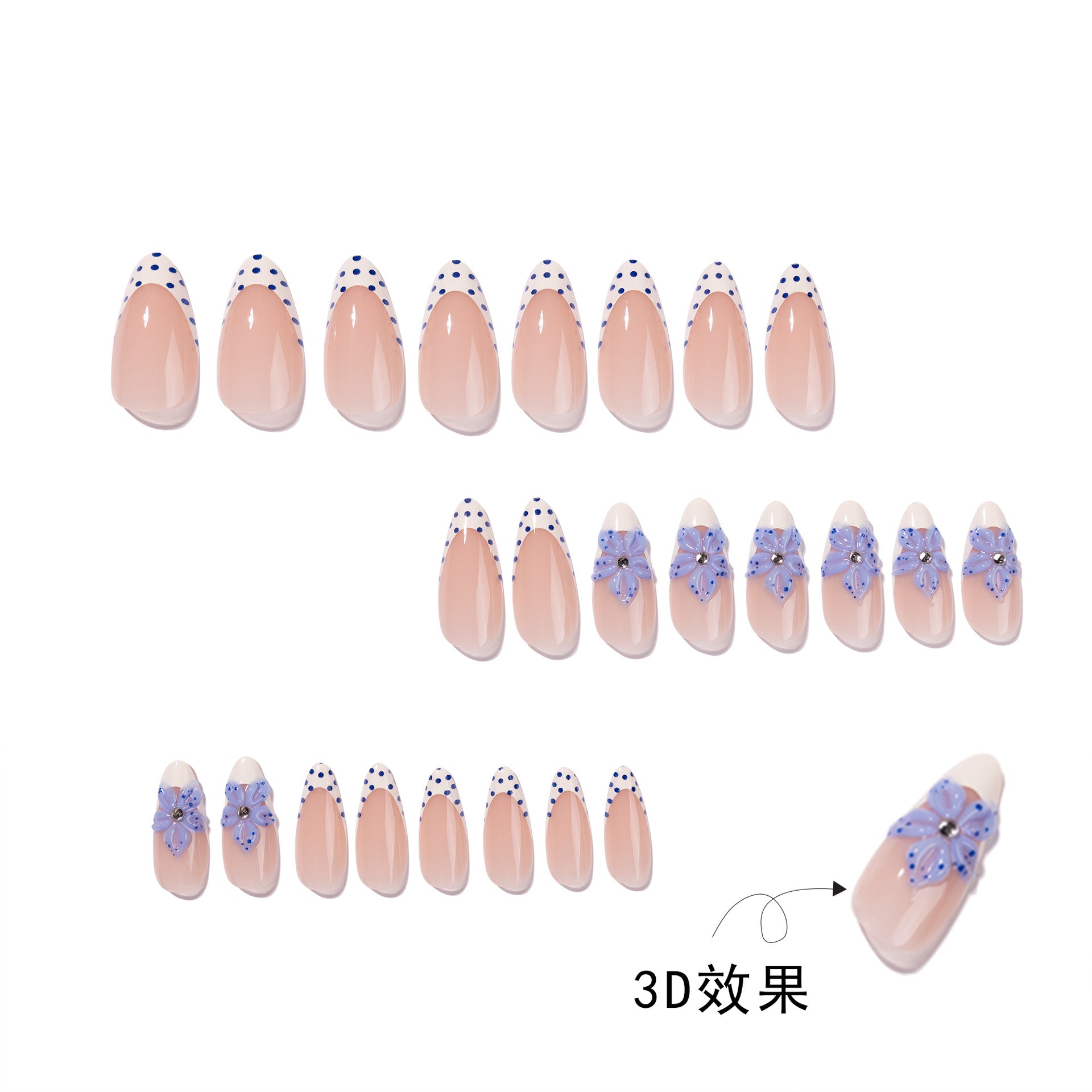365nails: "Blue Floral Polka Dot French Almond" – Delicate Press-on Nails