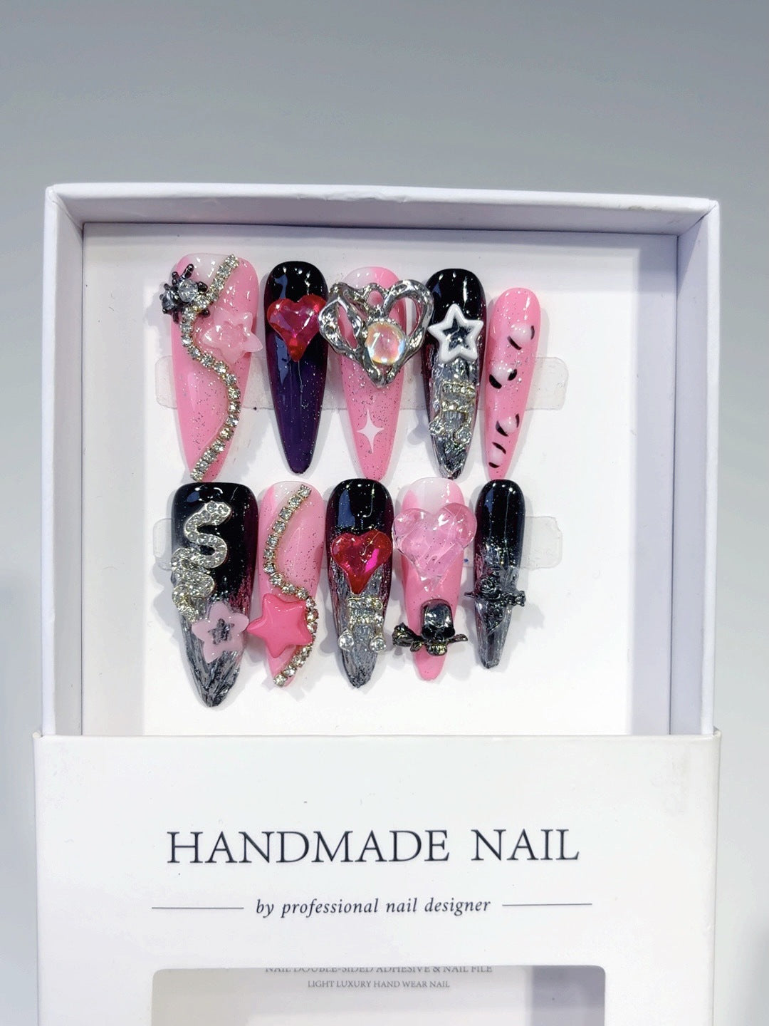 Pink Black Gothic Heart Crystal Statement Press On Nails