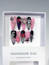 Pink Black Gothic Heart Crystal Statement Press On Nails