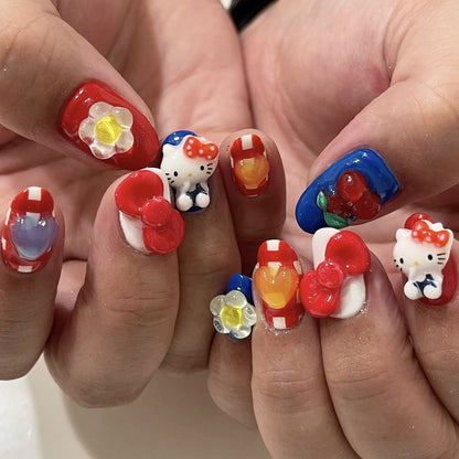Japanese cartoon cute kitten wearing armor three-dimensional flower plaid manicure short simple fake nail nail wholesale｜365nails
