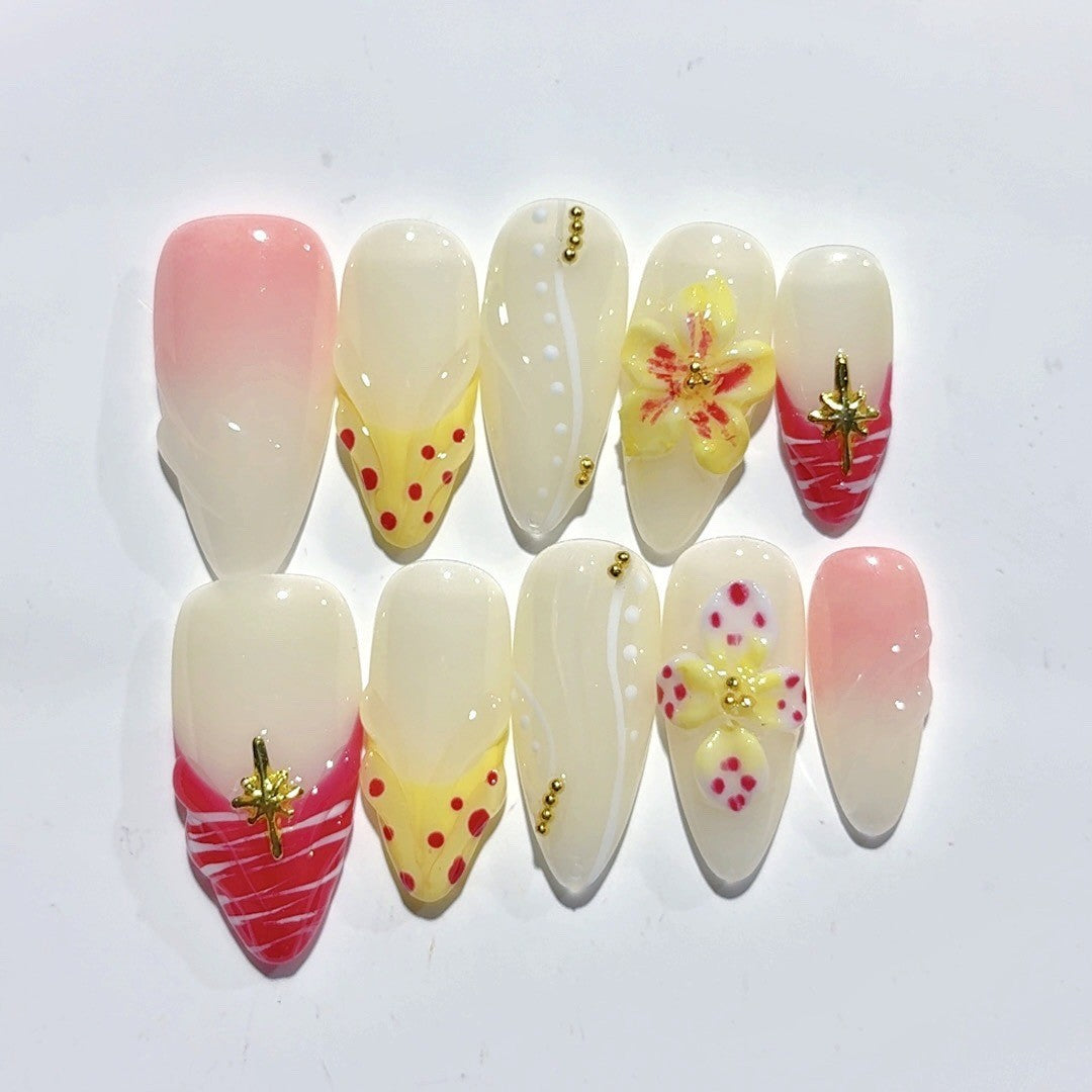 365nails：「草莓花卉波普」– 中長款杏仁形黃紅色水果花卉手工製穿戴甲