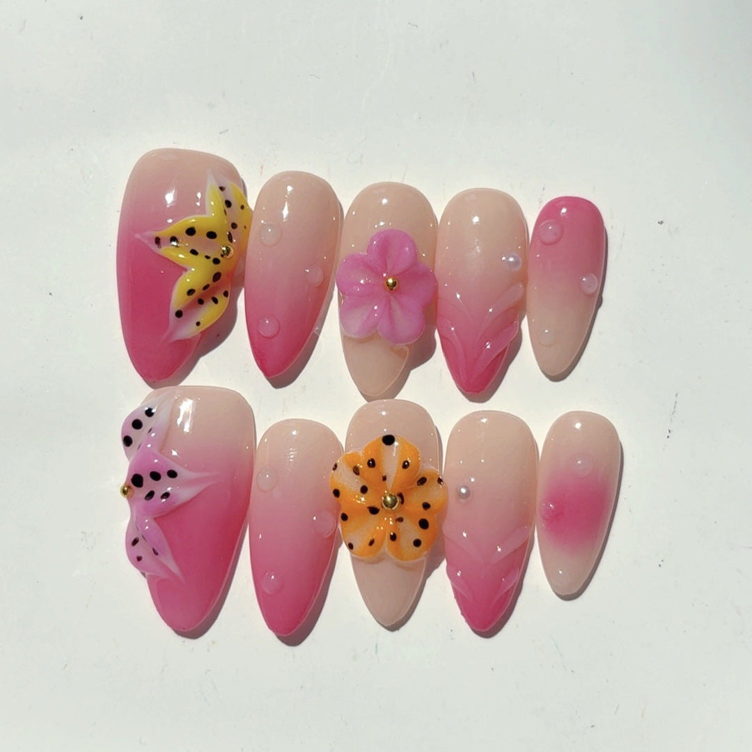 Sweet Tropical: "Pink Butterfly Bloom" – Medium Almond Nude & Pink Gradient Handmade Press-On