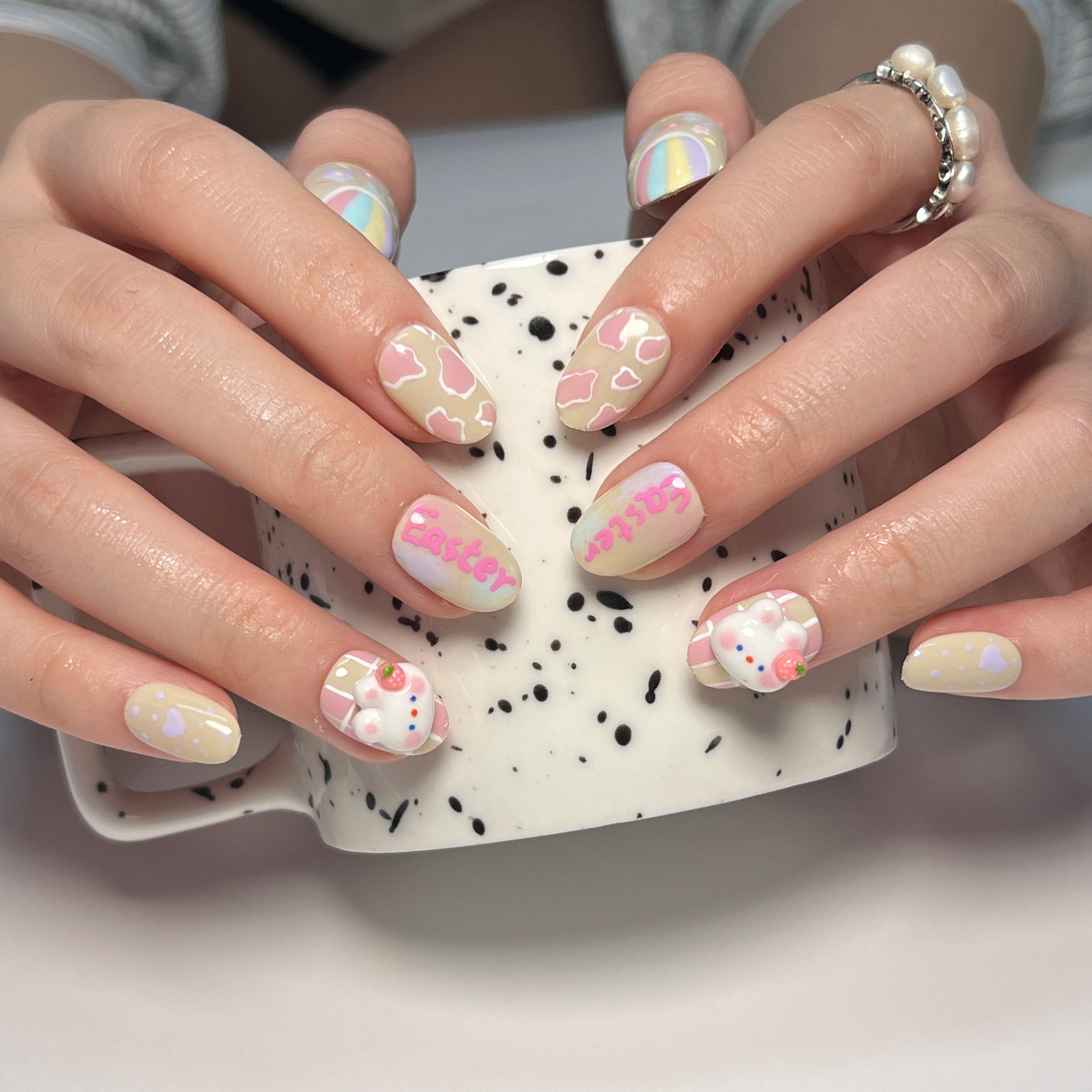 Manicura de Pascua, lindo conejo de dibujos animados, uñas postizas, pegatinas para uñas, uñas postizas, 365nails