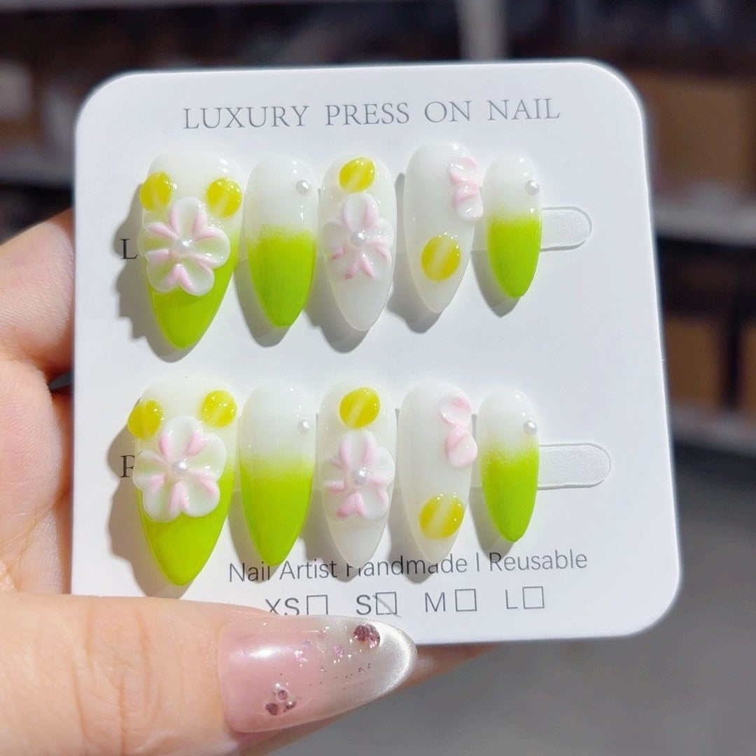 365nails-Spring Dew: "Lemon Daisy" – Almond Shape Handmade 3D Carved Press-On Nails