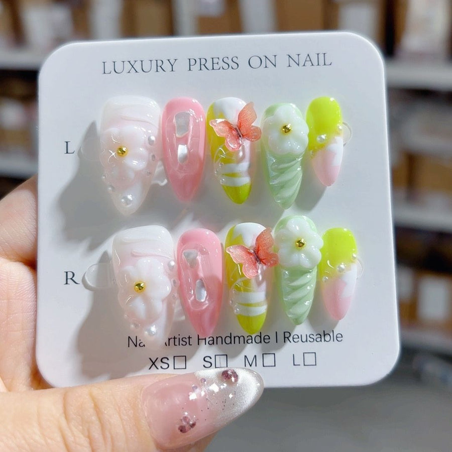 365nails-Spring Garden: "Cute Floral Butterfly" – Almond Shape Handmade 3D Carved Press-On Nails