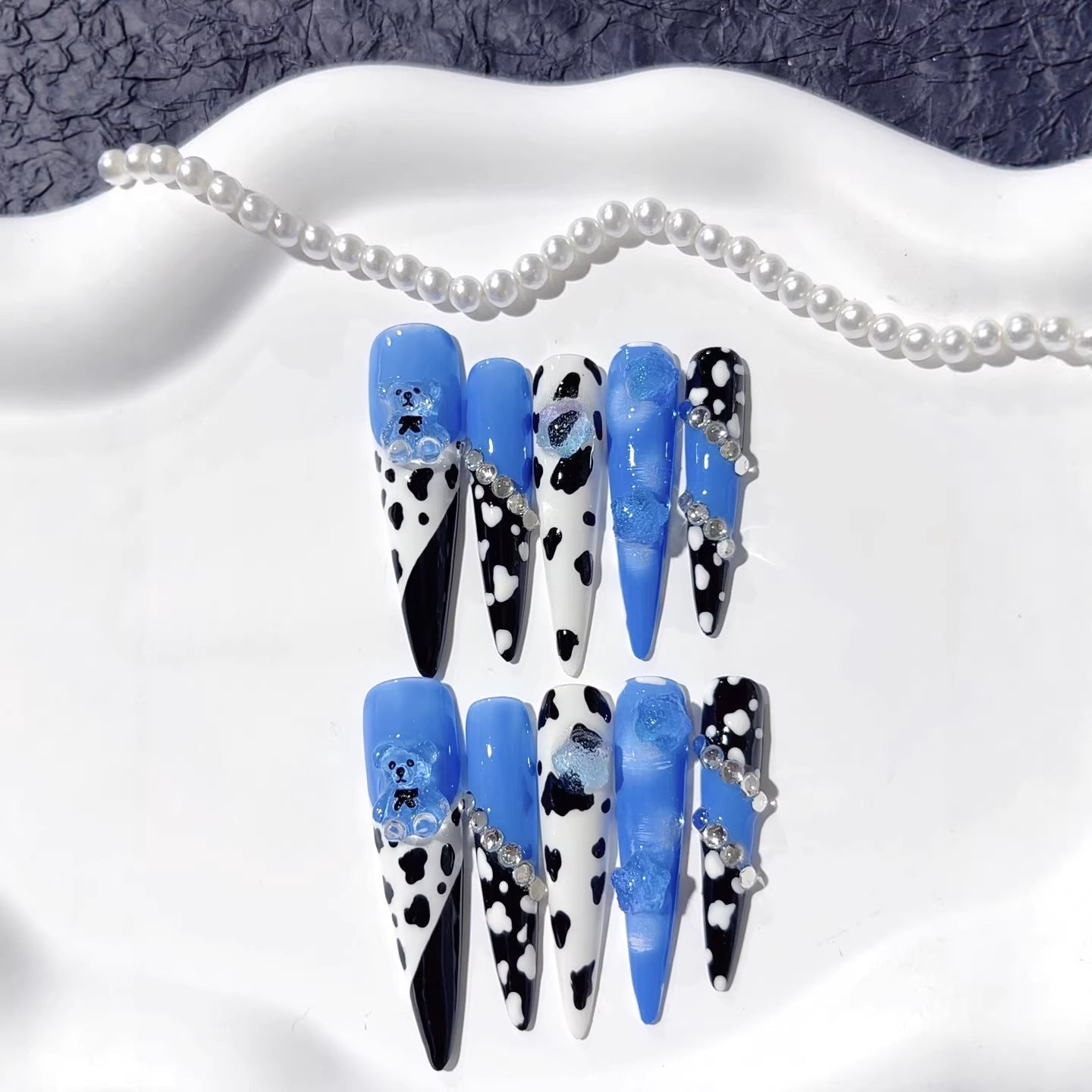 Blue Cow Print Cute Bear Statement Press On Nails