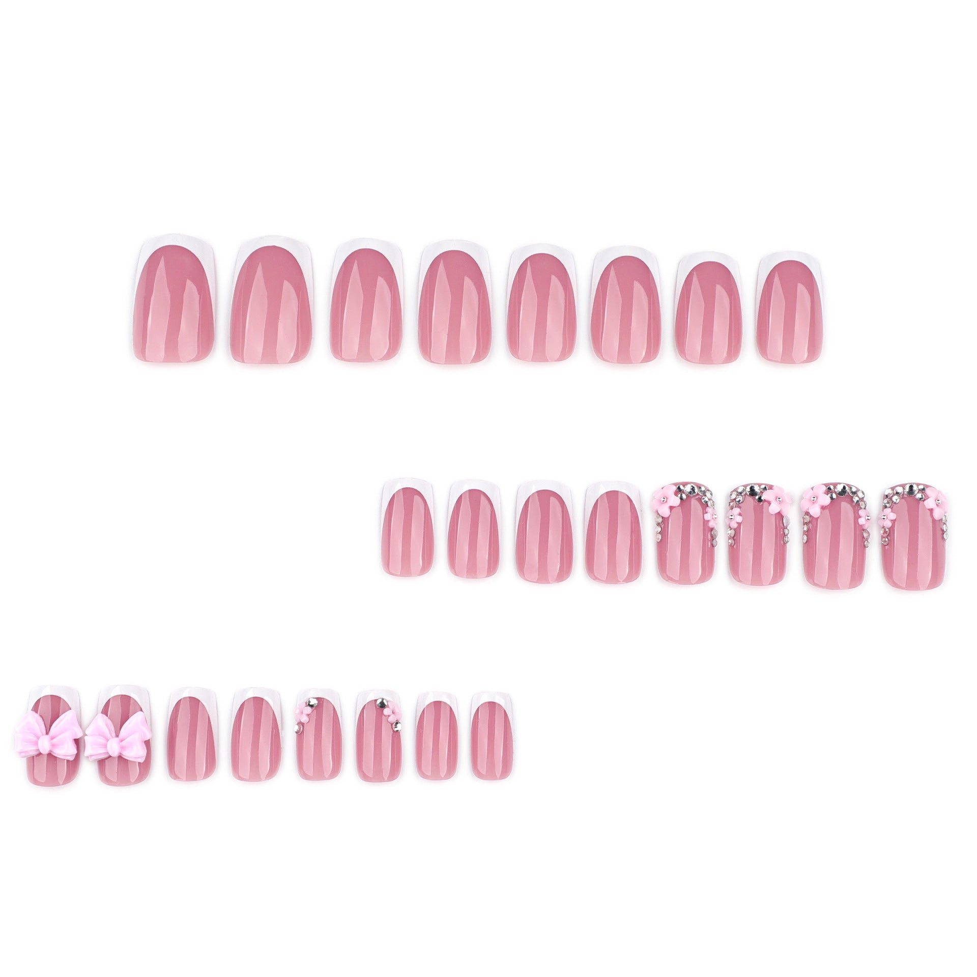 French Square Press On Nails with 3D Pink Bows & Rhinestone Accents
