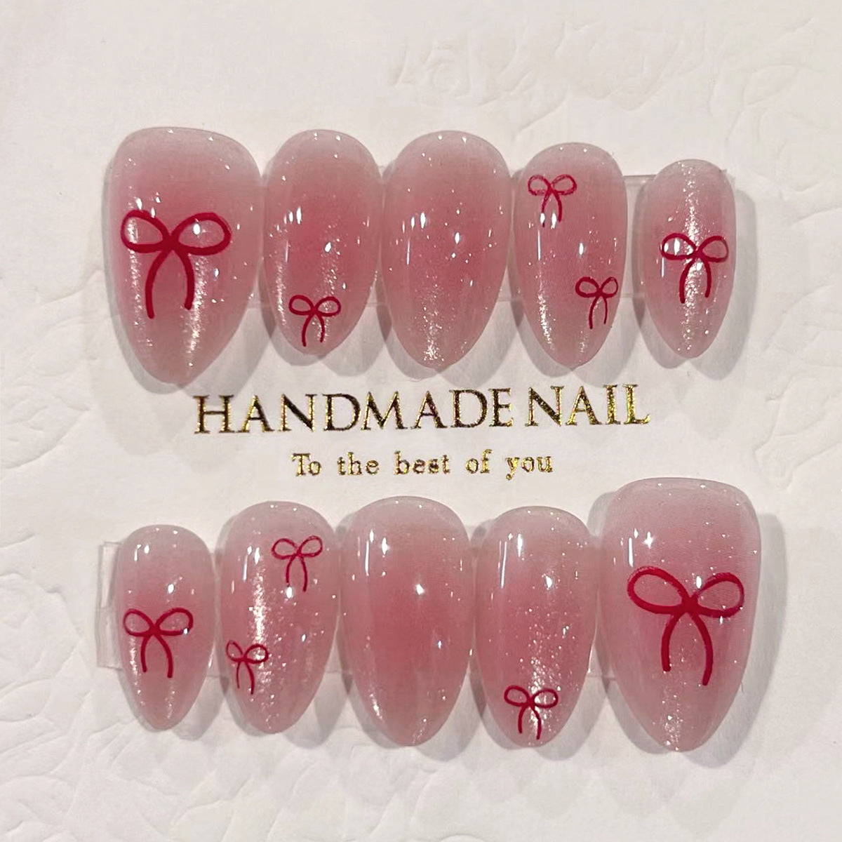 "Glitter Pink & Red Bow" - Precision Crafted Press-On Nails