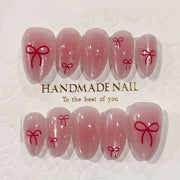 "Glitter Pink & Red Bow" - Precision Crafted Press-On Nails
