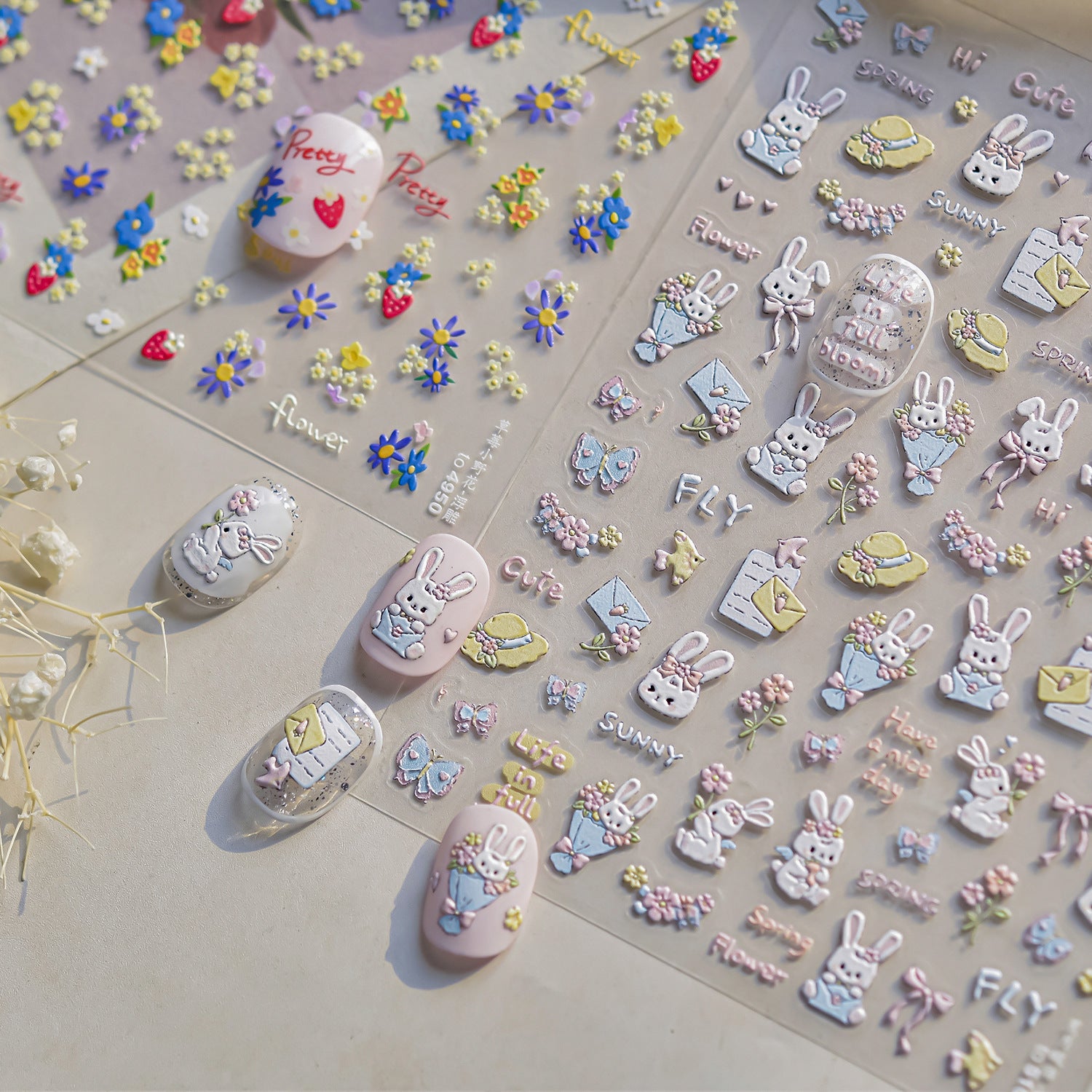 365nails: "미니 들꽃 & 딸기 엠보싱 세트" – 네일 아트 스티커