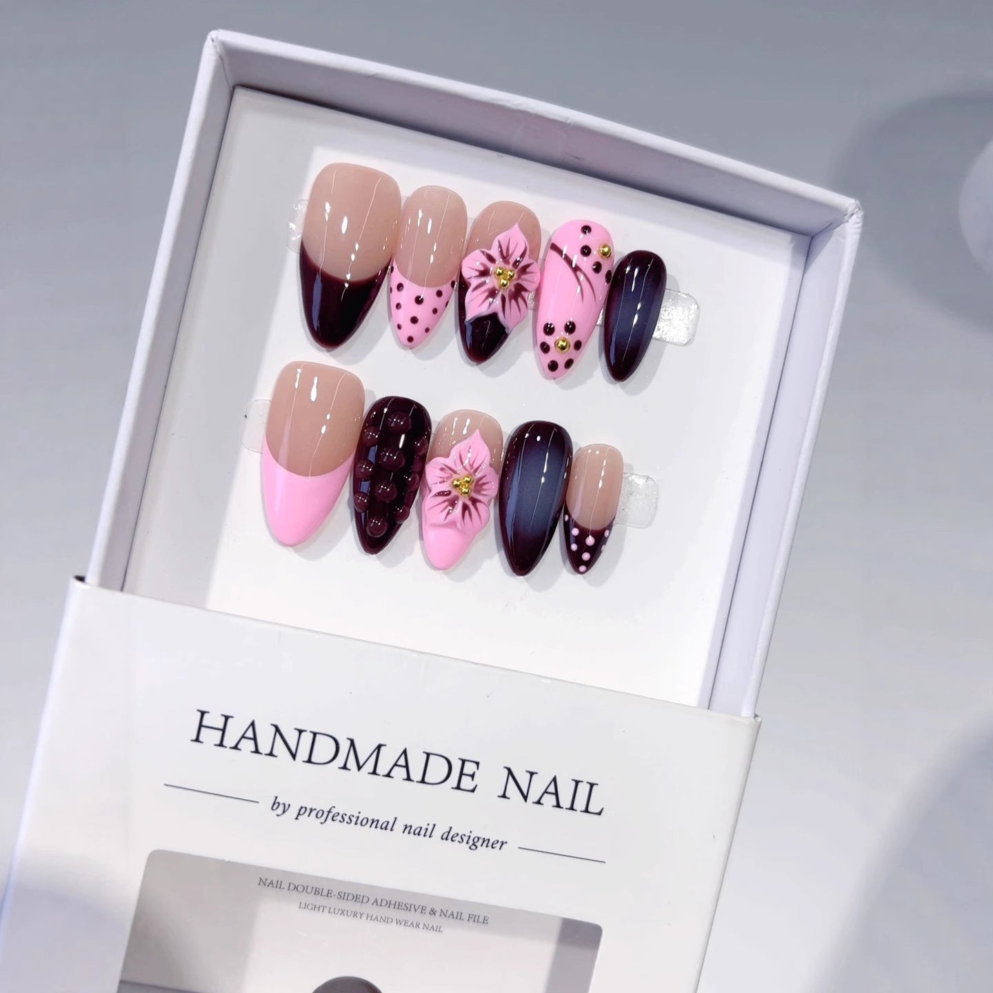 Noir Pink: "Midnight Cherry" – Long Almond Handmade Press-On Nails