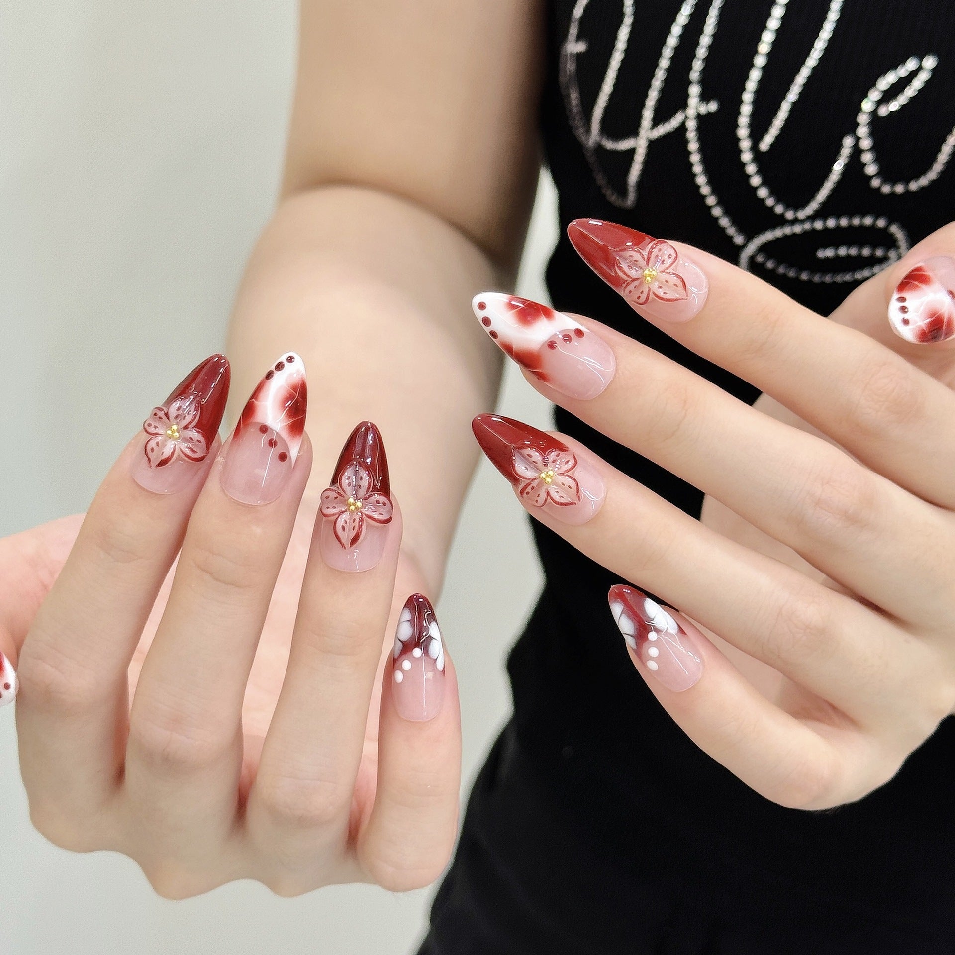 365nails: "Crimson Sakura" – Hand-Painted Floral & Ombré Handmade Long Almond Nails
