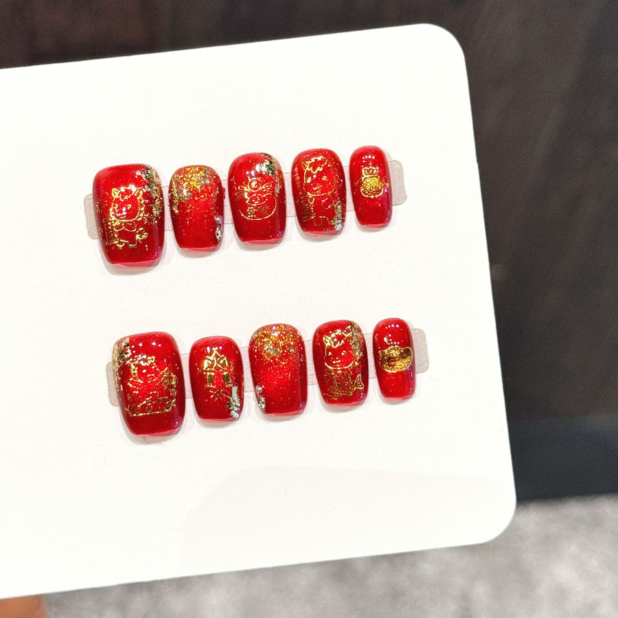 365nails: "Golden Fortune" – Chinese New Year Handmade Short Square Nails