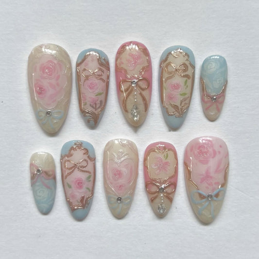 Monet style  hot-selling press on nails love flower wearing fake nail manicure short almond nail piece｜365nails
