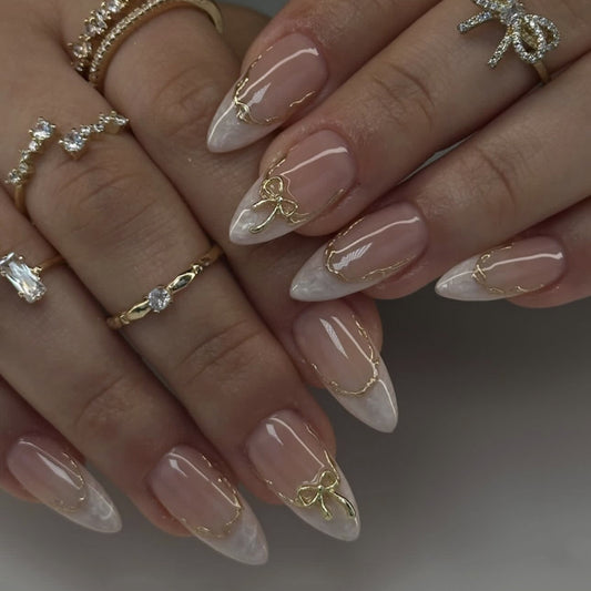 hot-selling French white smudged wearable nail short almond-shaped manicure fake nail removable wearable nail piece｜365nails